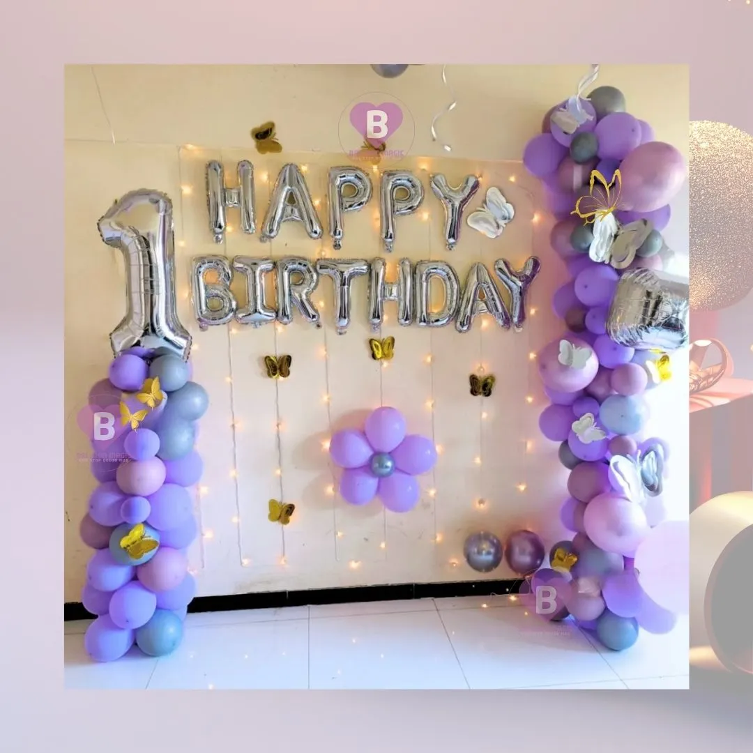 Purple and Chrome Purple Birthday Decor With Balloon Bunches
