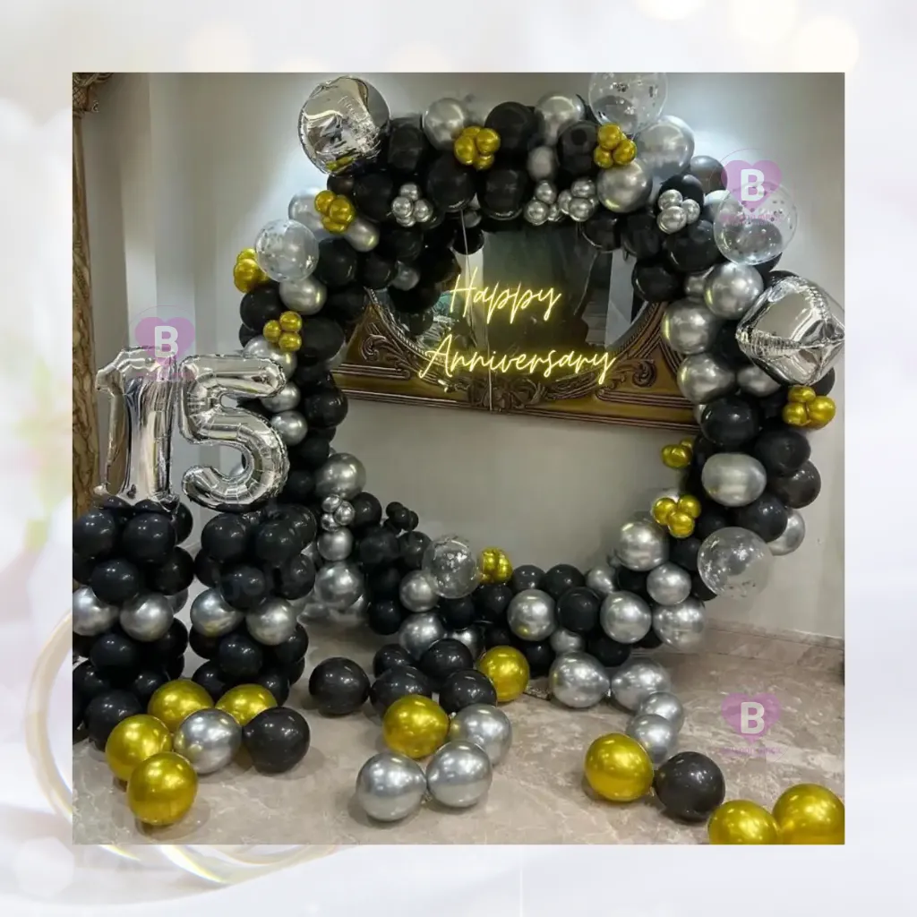 Silver Chrome and Black Ring Anniversary Decor with Neon Light