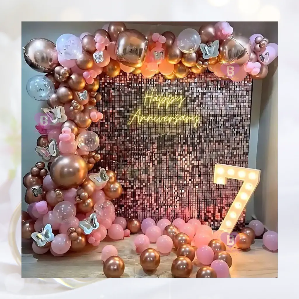 Rosegold and Pink Sequin Anniversary Decor With Neon Light