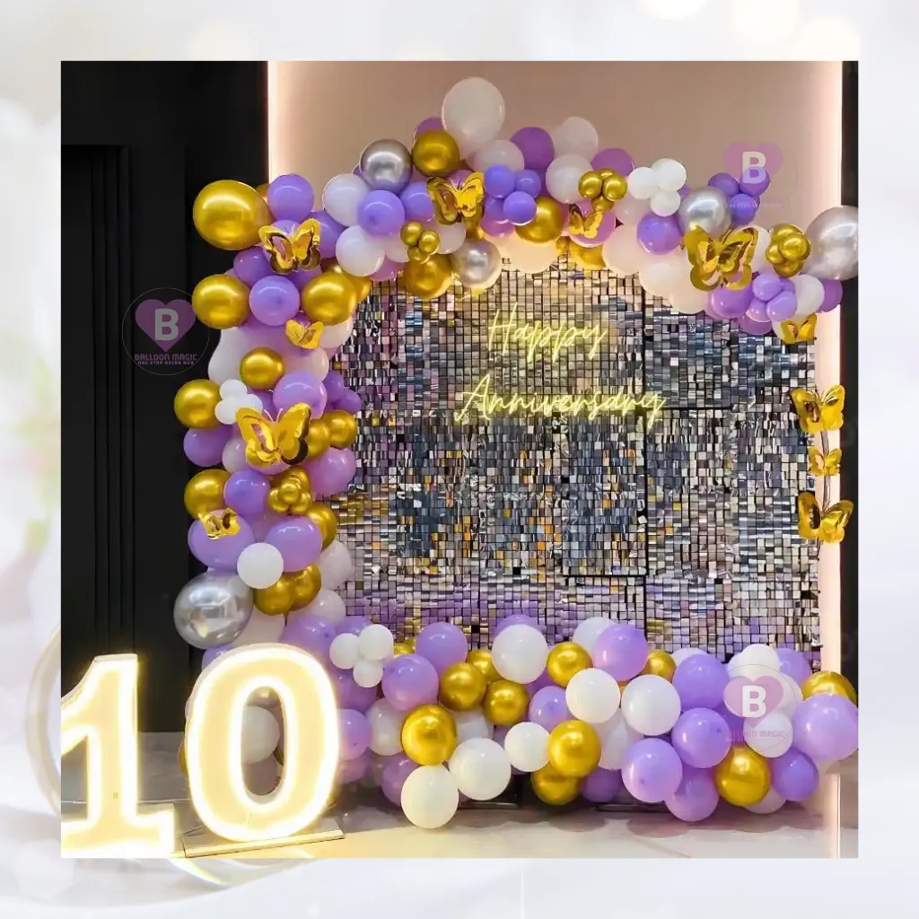 Purple pastel and Golden Chrome Sequin Anniversary Decor with Neon Light