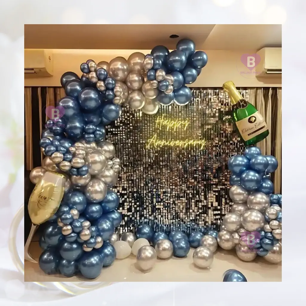 Silver Sequin Blue and Silver Chrome Anniversary Decor with Neon Light