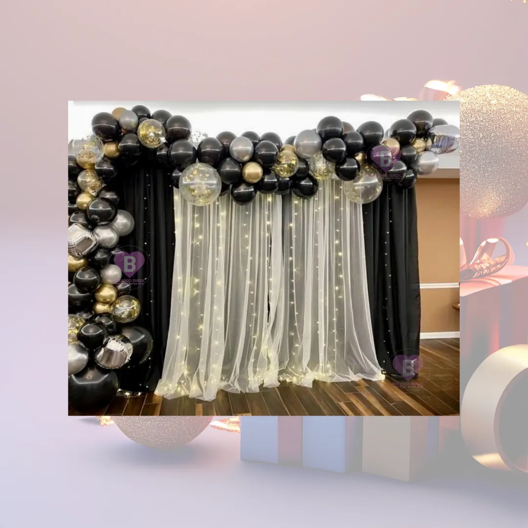 Black, Gold, Silver & confetti balloons decor for anniversary