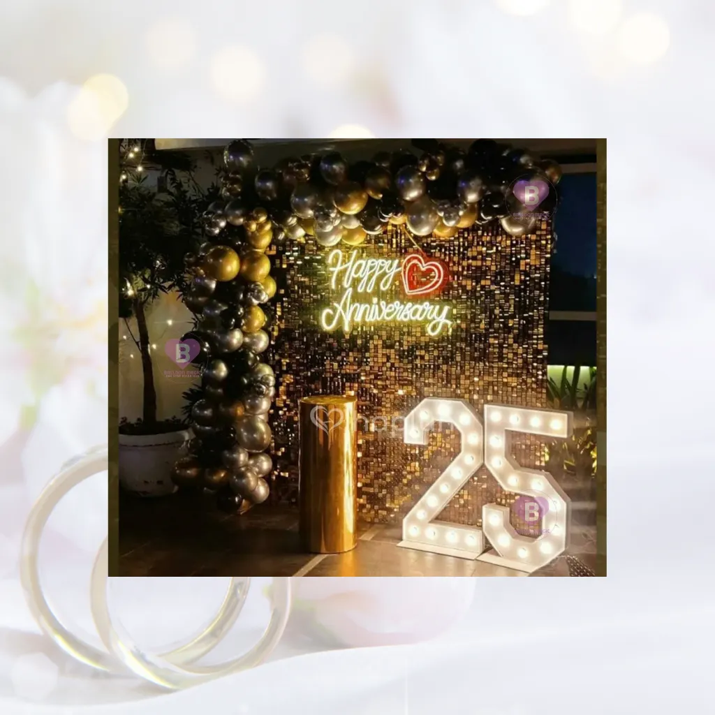 Black and Golden Chrome Anniversary Decor with Neon Light