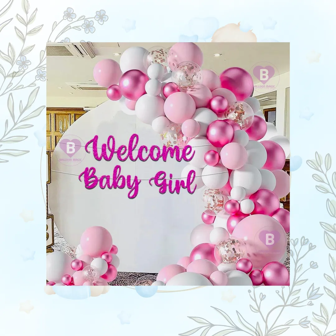 Metallic pink and pastel pink baby girl welcome decor