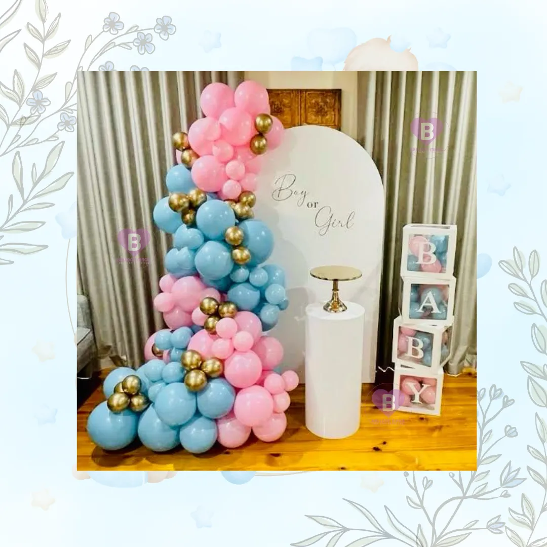 pastel pink and blue balloons baby shower decor with Cake Table