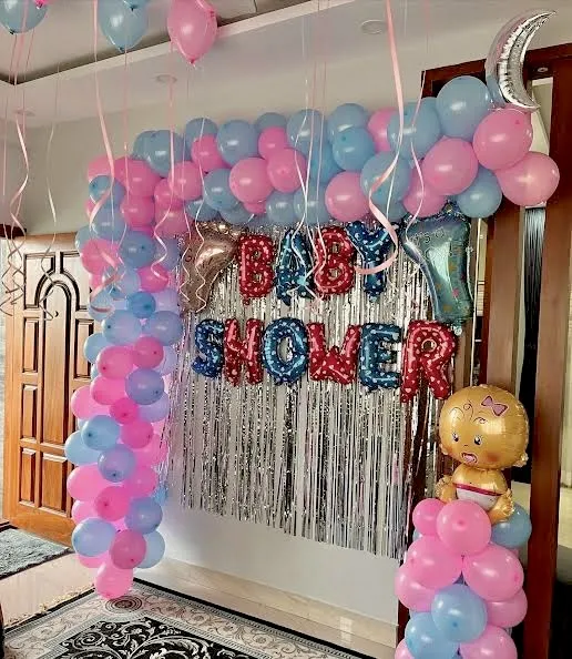 Blue Pastel And Pink Pastel Balloon Arch With Baby Balloon Tower