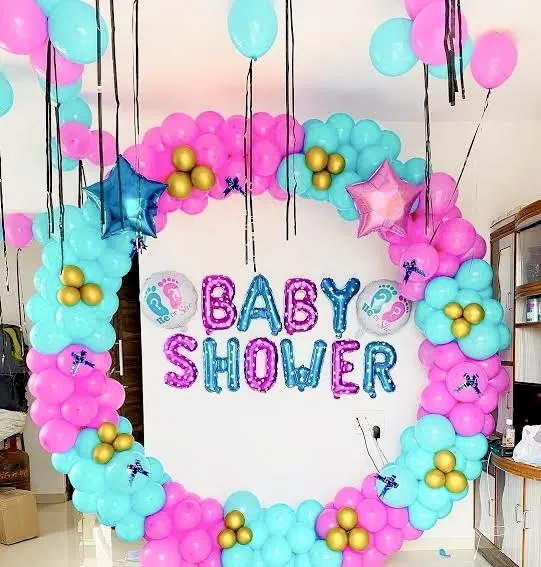 On Stand Decor of Sea Green Pastel And  Dark Pink Pastel Balloon Ring With Baby Theme Balloons