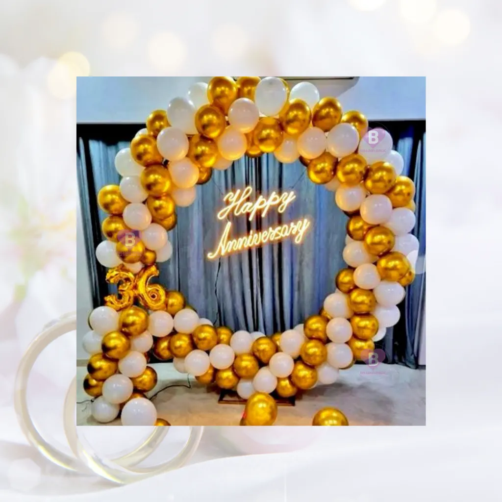 Golden Chrome and White Balloon Anniversary Balloon Ring Decor