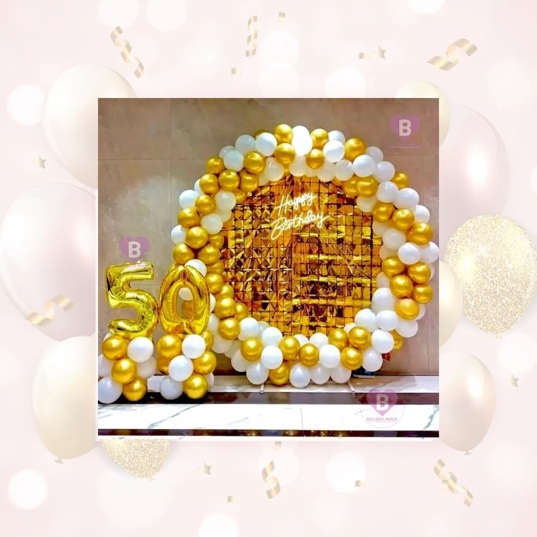 White and Gold Balloon Ring Arch decor for birthday